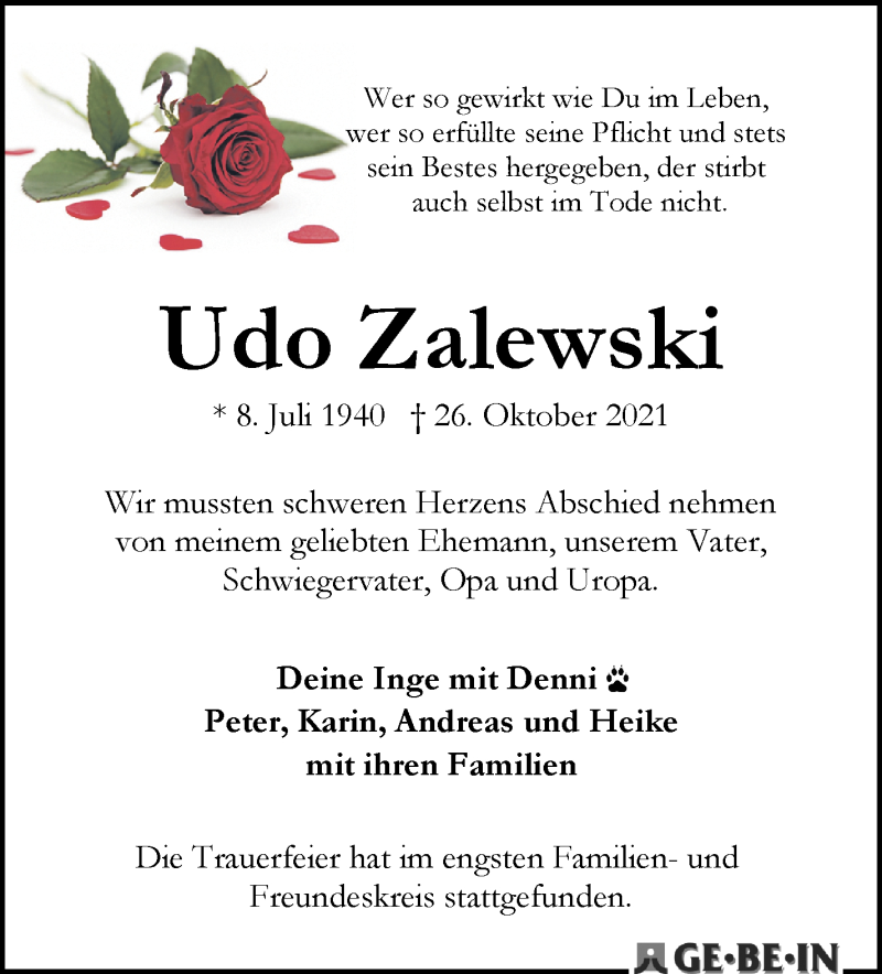 Traueranzeige von Udo Zalewski von WESER-KURIER