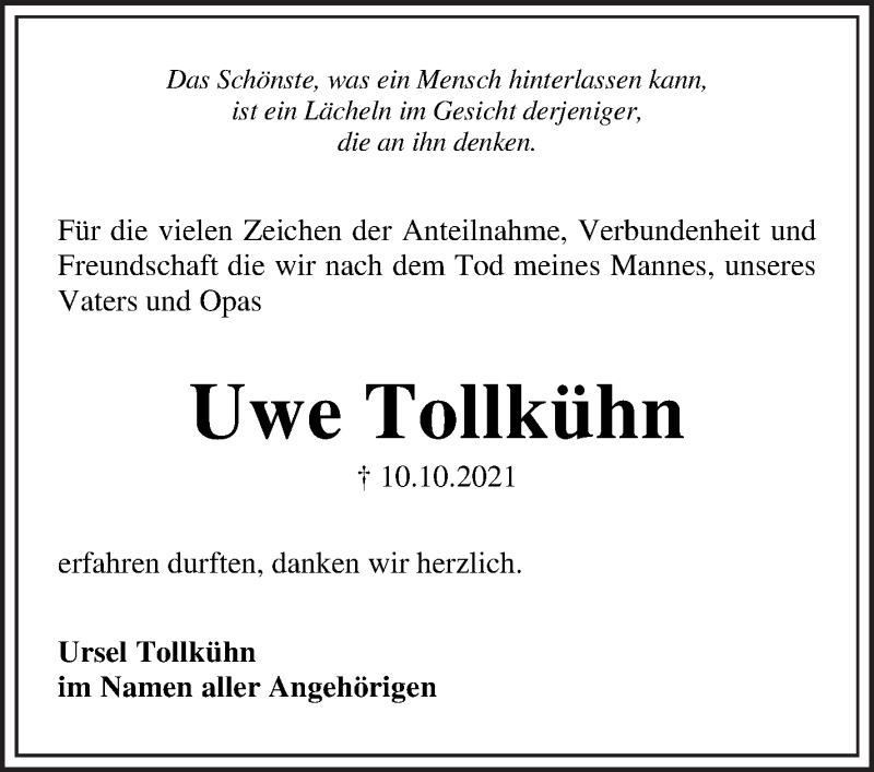 Traueranzeige von Uwe Tollkühn von WESER-KURIER