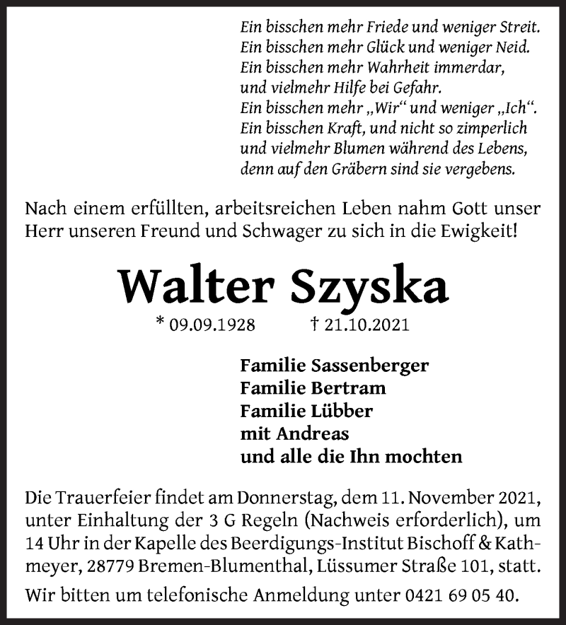 Traueranzeige von Walter Szyska von Die Norddeutsche