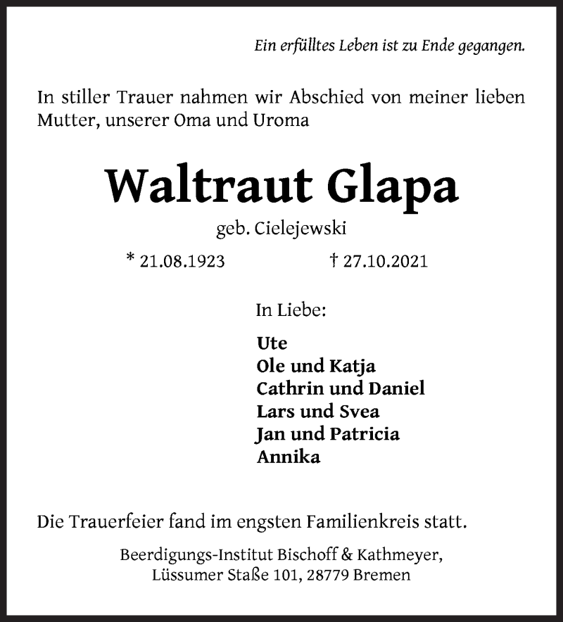 Traueranzeige von Waltraud Glapa von Die Norddeutsche