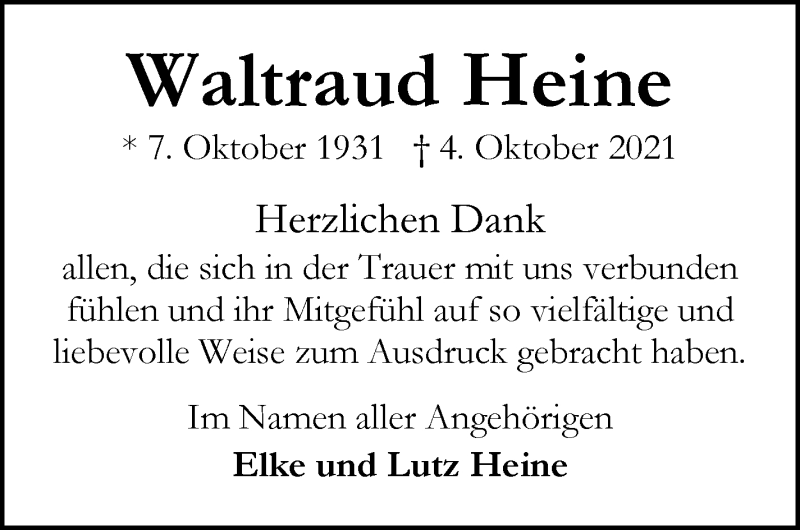 Traueranzeige von Waltraud Heine von WESER-KURIER