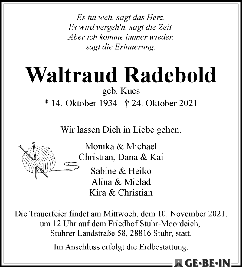 Traueranzeige von Waltraud Radebold von WESER-KURIER