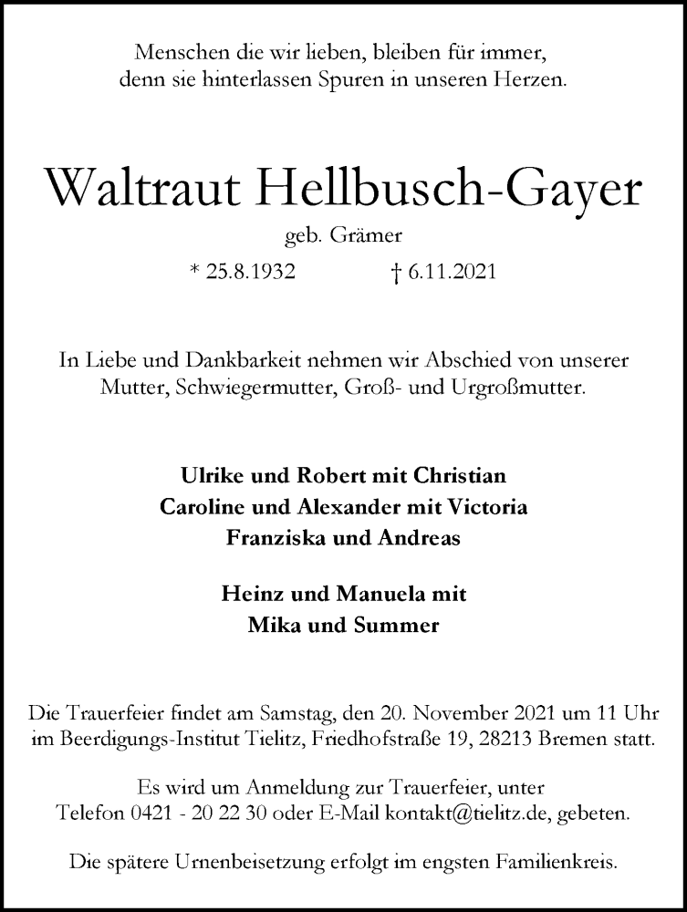 Traueranzeige von Waltraut Hellbusch-Gayer von WESER-KURIER