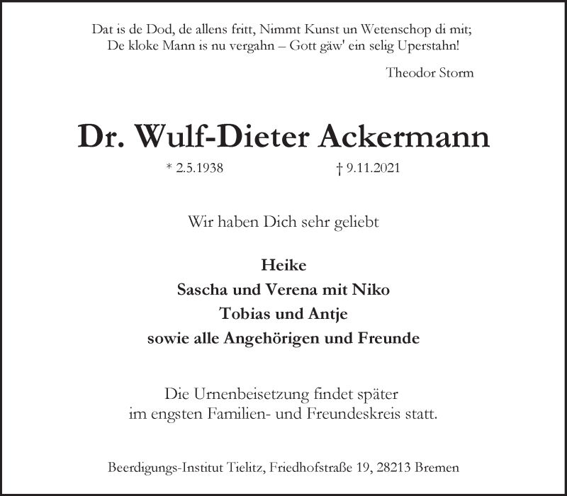 Traueranzeige von Wulf-Dieter Ackermann von WESER-KURIER