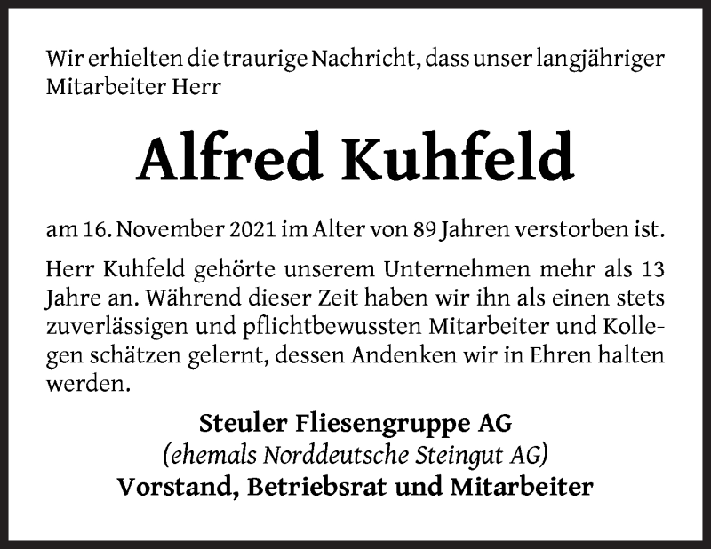 Traueranzeige von Alfred Kuhfeld von Die Norddeutsche