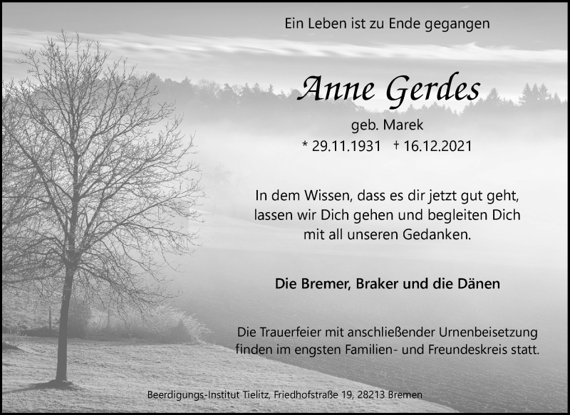 Traueranzeige von Anne Gerdes von WESER-KURIER