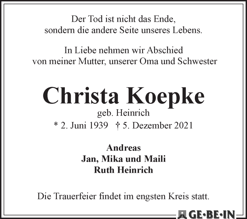 Traueranzeige von Christa Koepke von WESER-KURIER