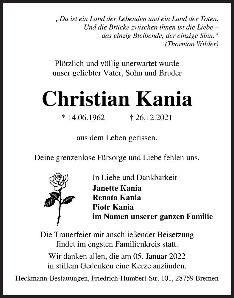 Traueranzeige von Christian Kania von WESER-KURIER