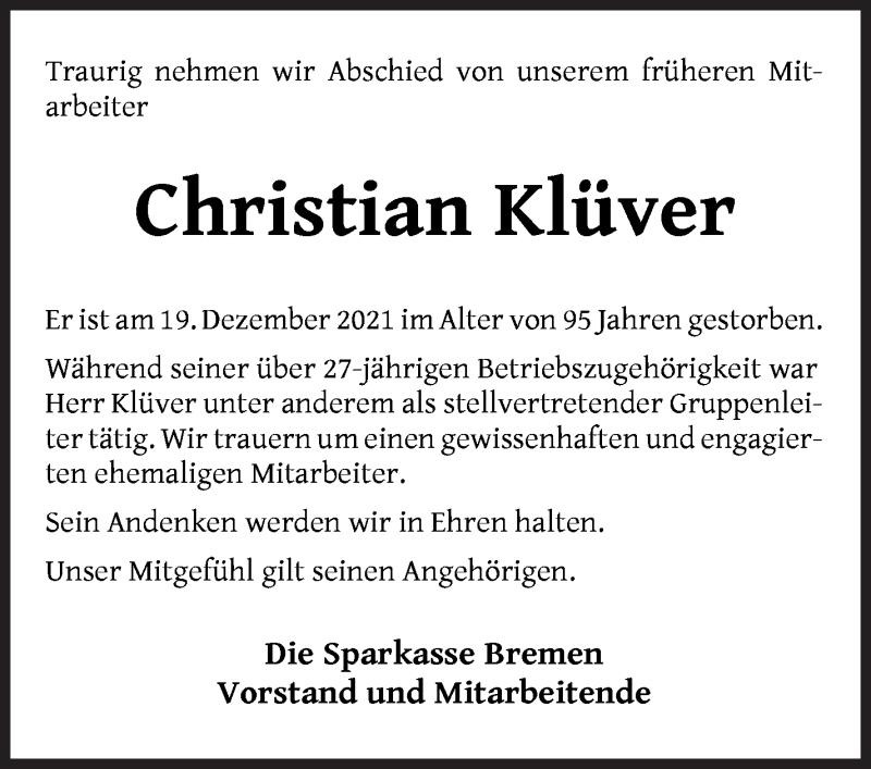 Traueranzeige von Christian Klüver von WESER-KURIER