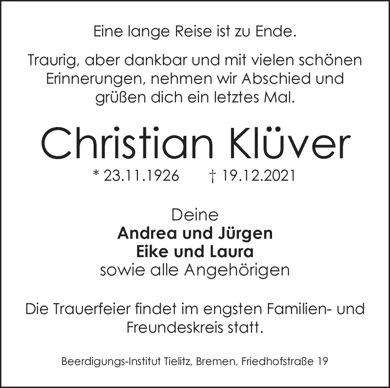 Traueranzeige von Christian Klüver von WESER-KURIER
