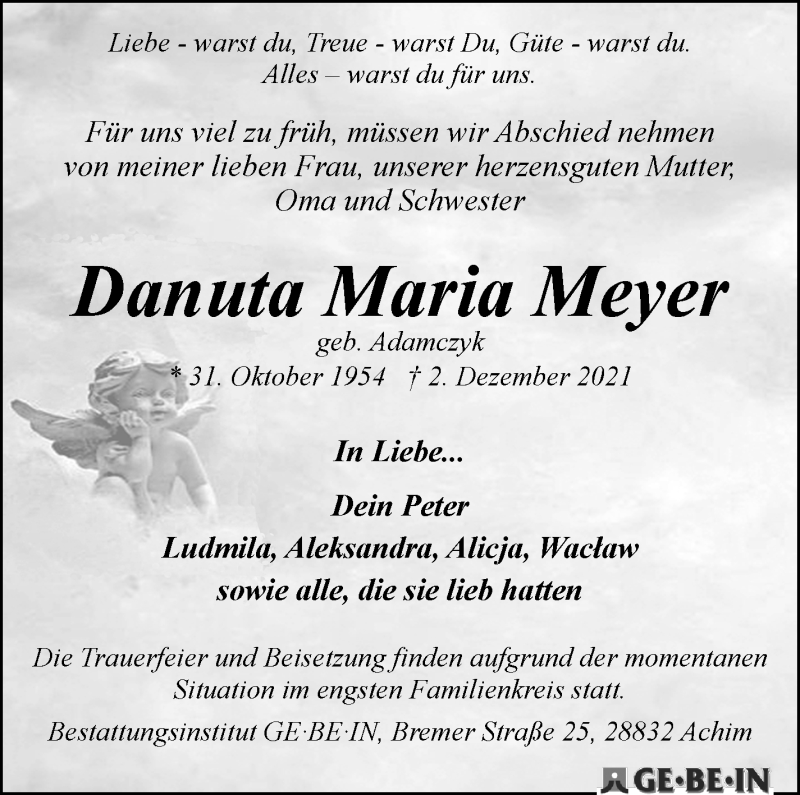 Traueranzeige von Danuta Maria Meyer von WESER-KURIER