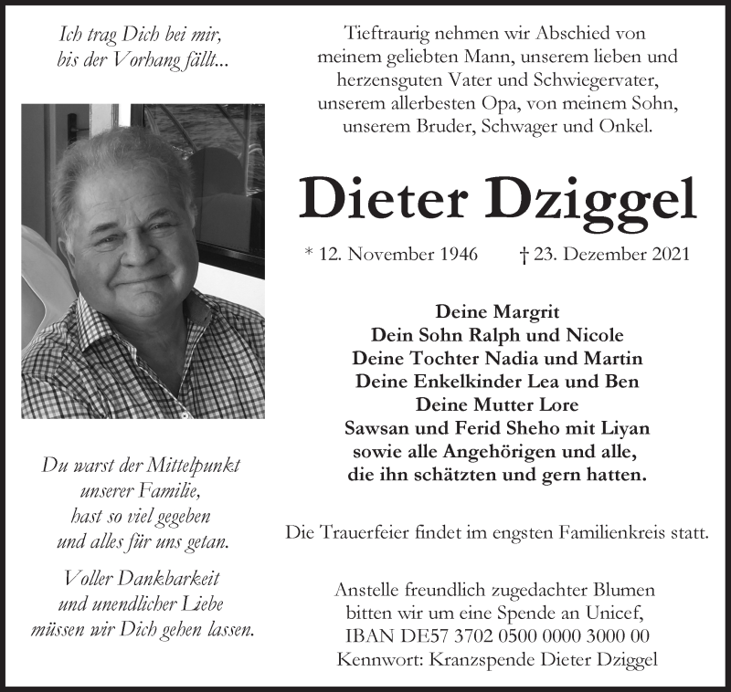 Traueranzeige von Dieter Dziggel von WESER-KURIER