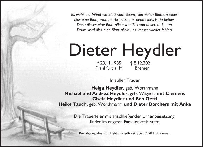 Traueranzeige von Dieter Heydler von WESER-KURIER