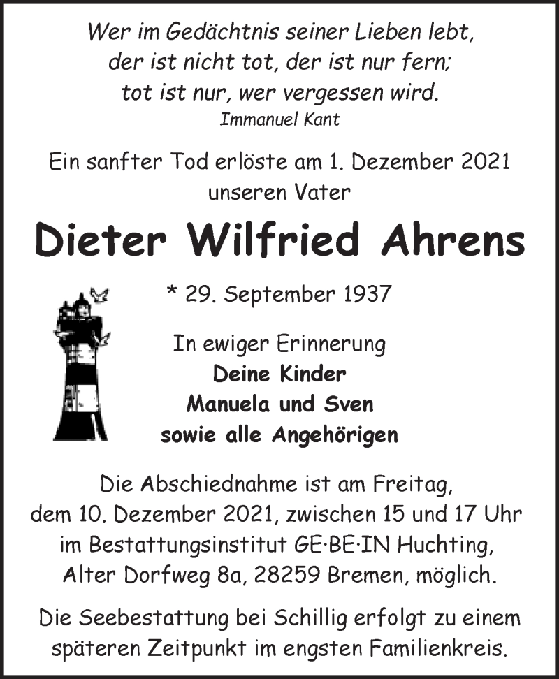Traueranzeige von Dieter Wilfried Ahrens von WESER-KURIER