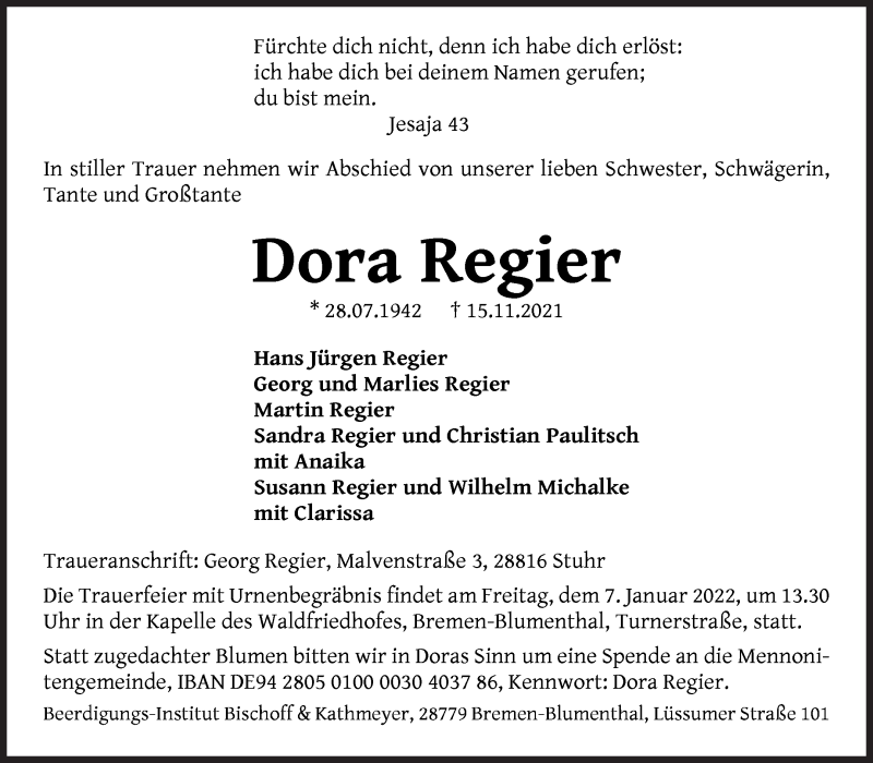 Traueranzeige von Dora Regier von Die Norddeutsche