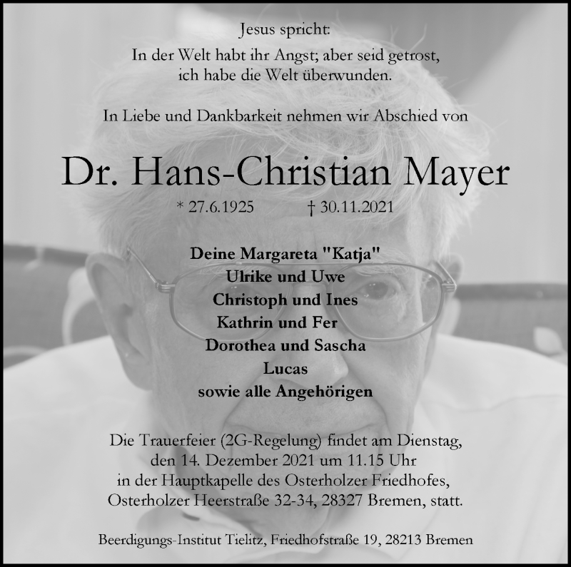 Traueranzeige von Dr. Hans-Christian Mayer von WESER-KURIER