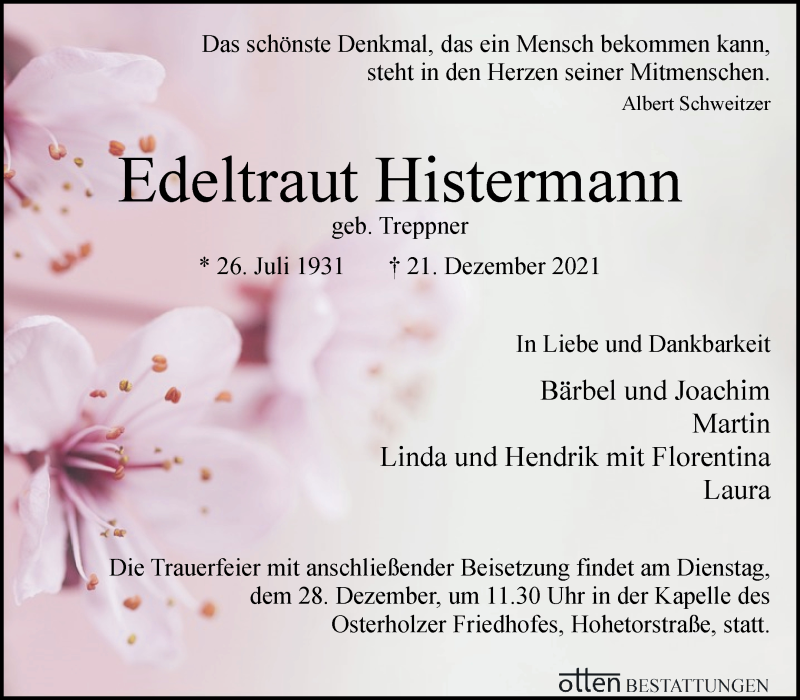 Traueranzeige von Edeltraut Histermann von Osterholzer Kreisblatt