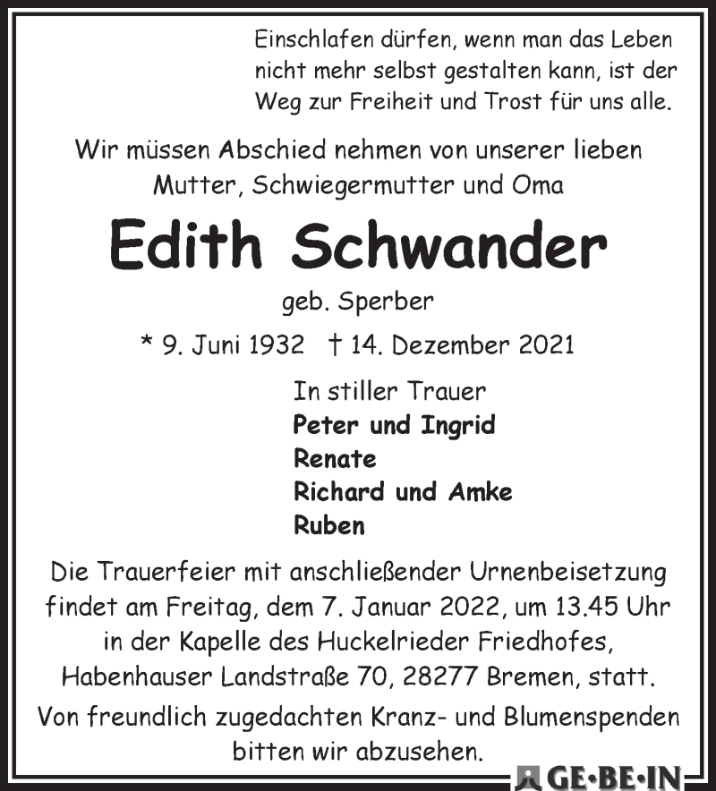 Traueranzeige von Edith Schwander von WESER-KURIER