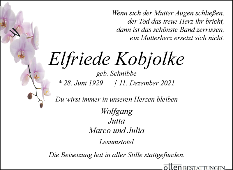 Traueranzeige von Elfriede Kobjolke von Osterholzer Kreisblatt