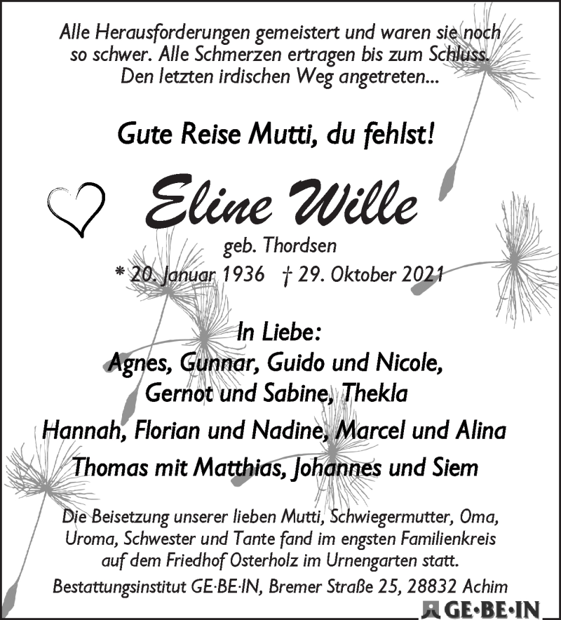 Traueranzeige von Eline Wille von WESER-KURIER