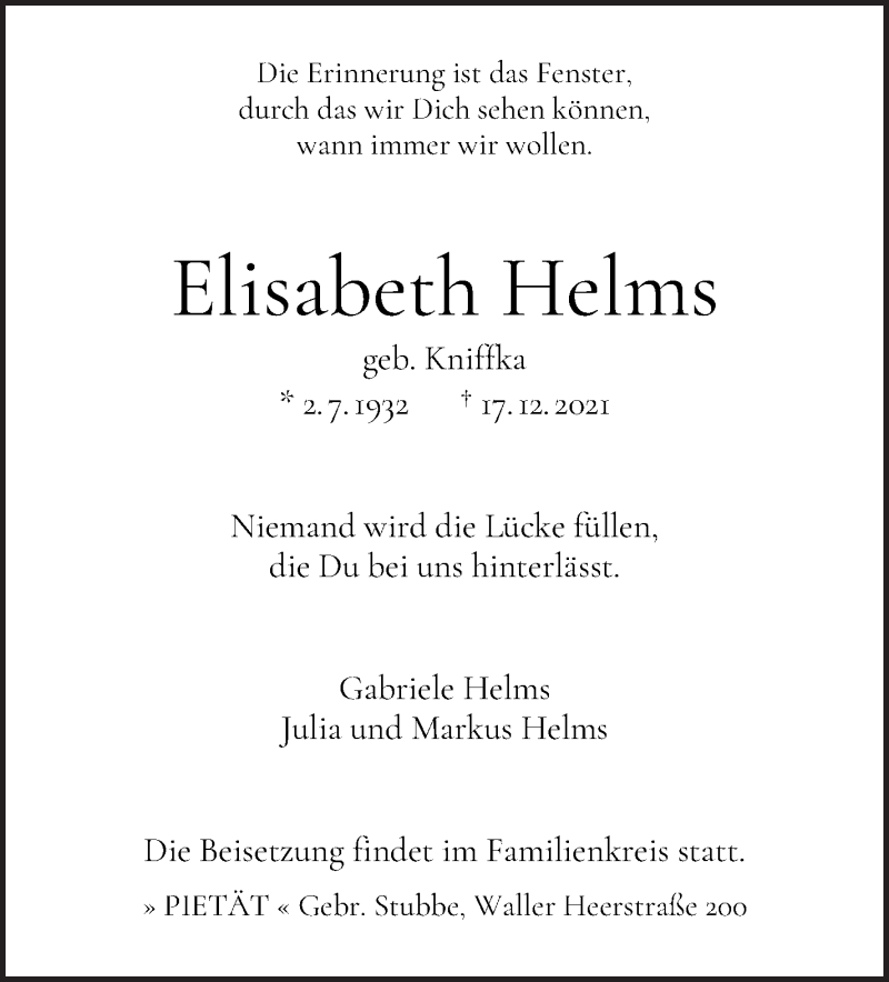 Traueranzeige von Elisabeth Helms von WESER-KURIER