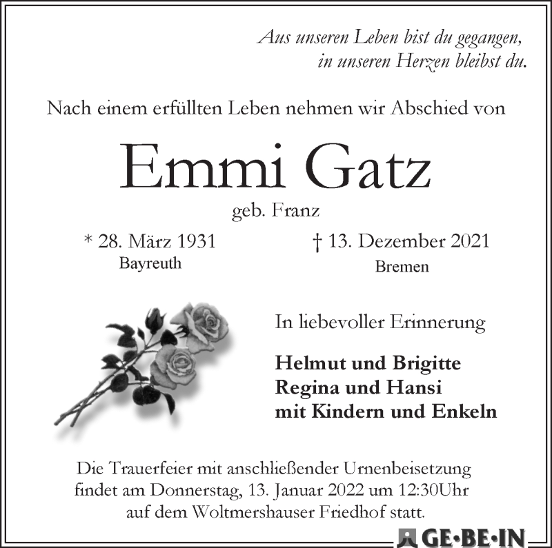 Traueranzeige von Emmi Gatz von WESER-KURIER