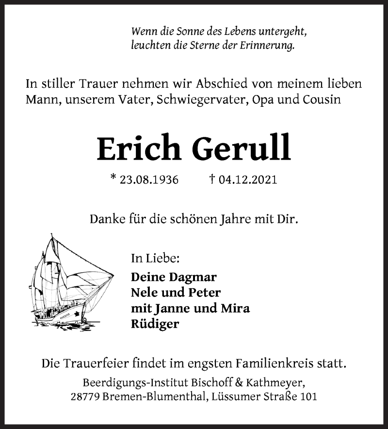 Traueranzeige von Erich Gerull von Die Norddeutsche