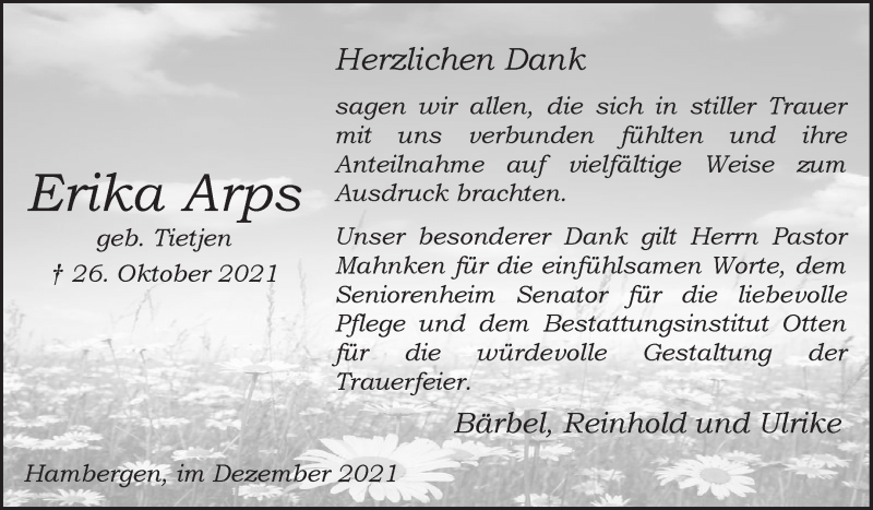 Traueranzeige von Erika Arps von Osterholzer Kreisblatt