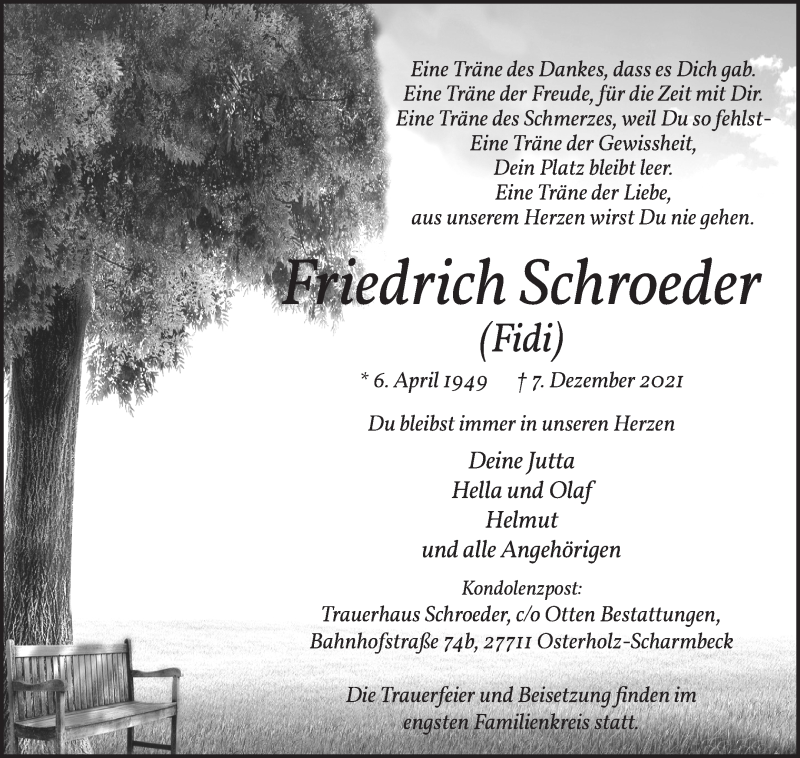 Traueranzeige von Friedrich Schroeder von Osterholzer Kreisblatt