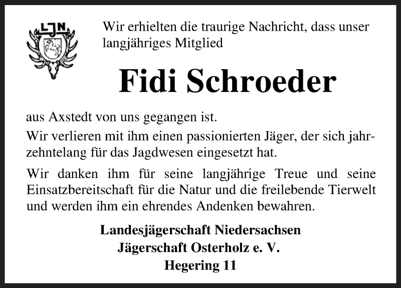 Traueranzeige von Friedrich Schroeder von Osterholzer Kreisblatt