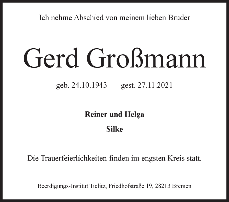 Traueranzeige von Gerd Großmann von WESER-KURIER