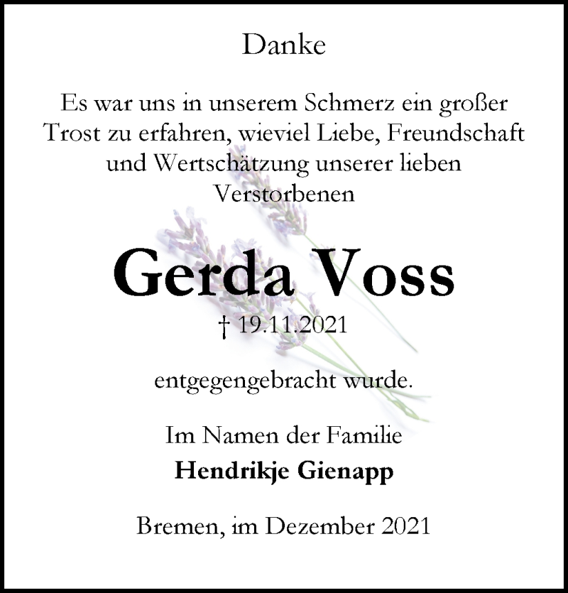 Traueranzeige von Gerda Voss von WESER-KURIER