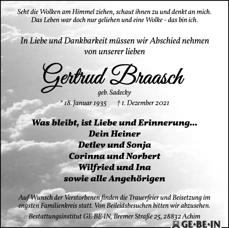 Traueranzeige von Gertrud Braasch von WESER-KURIER