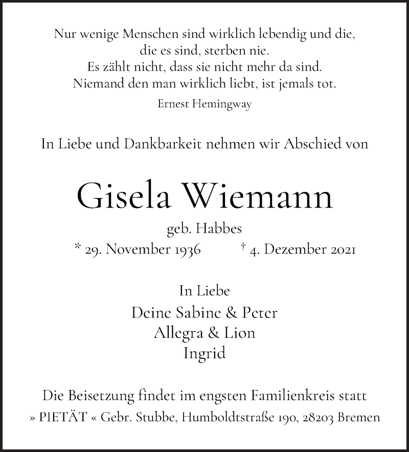 Traueranzeige von Giesela Wiemann von WESER-KURIER