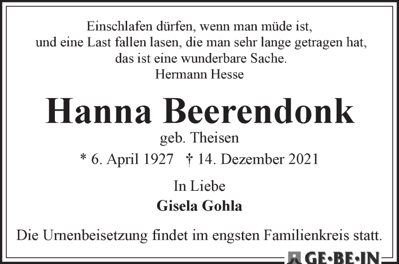 Traueranzeige von Hanna Beerendonk von WESER-KURIER
