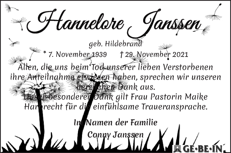 Traueranzeige von Hannelore Janssen von WESER-KURIER