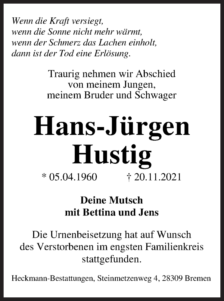 Traueranzeige von Hans-Jürgen Hustig von WESER-KURIER