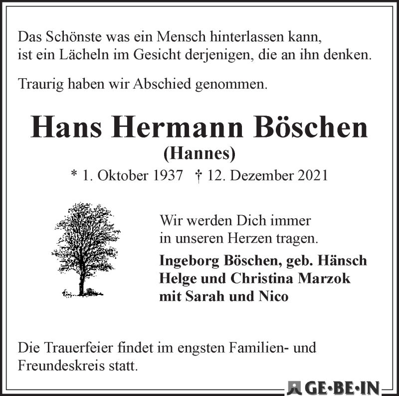 Traueranzeige von Hans Hermann Böschen von WESER-KURIER