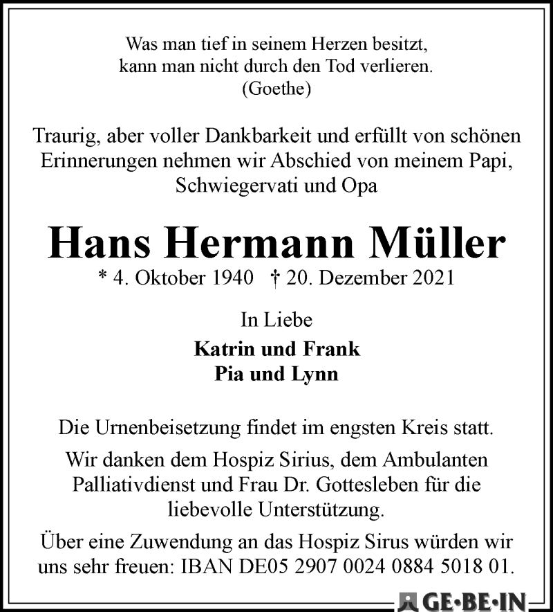 Traueranzeige von Hans Hermann Müller von WESER-KURIER