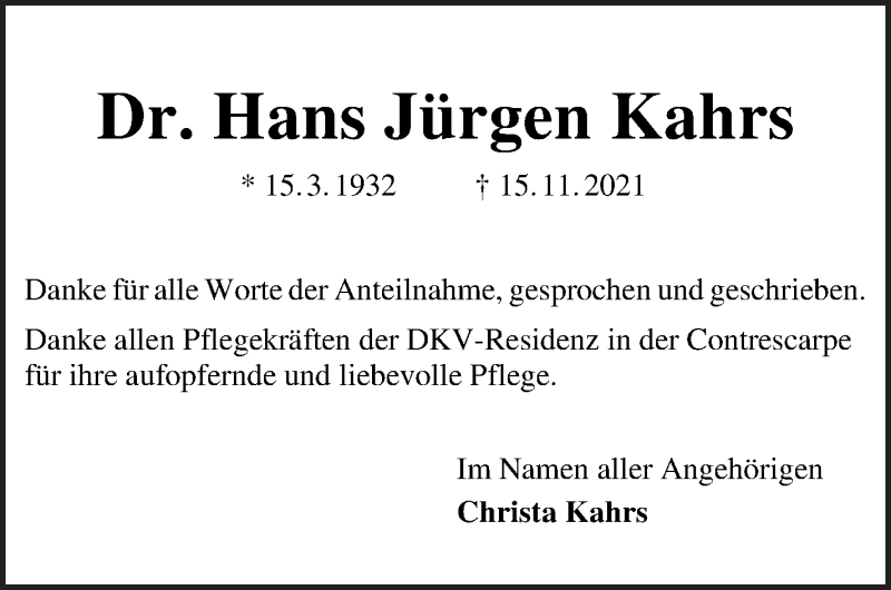 Traueranzeige von Hans Jürgen Kahrs von WESER-KURIER