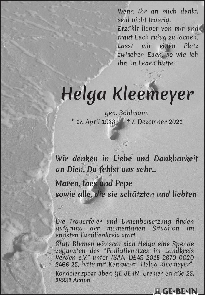 Traueranzeige von Helga Kleemeyer von WESER-KURIER