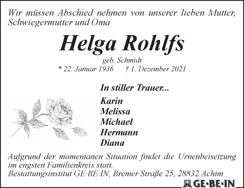 Traueranzeige von Helga Rohlfs von WESER-KURIER