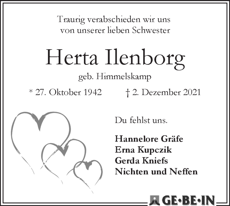 Traueranzeige von Herta Ilenborg von WESER-KURIER