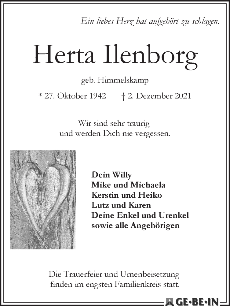 Traueranzeige von Herta Ilenborg von WESER-KURIER