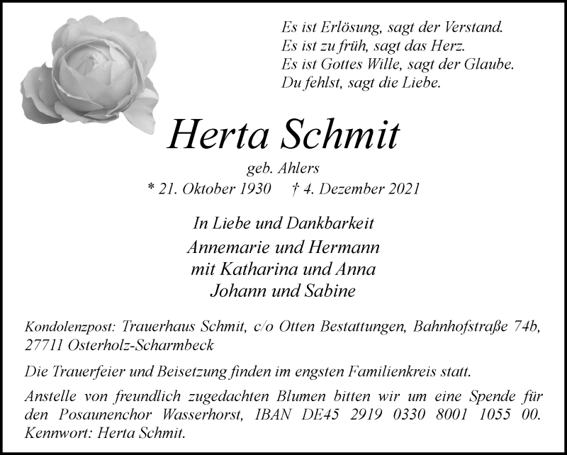Traueranzeige von Herta Schmit von Die Norddeutsche