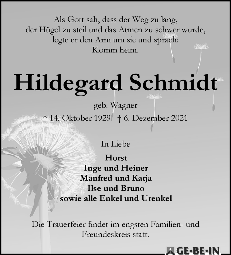 Traueranzeige von Hildegard Schmidt von WESER-KURIER