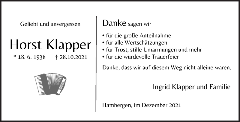 Traueranzeige von Horst Klapper von Osterholzer Kreisblatt