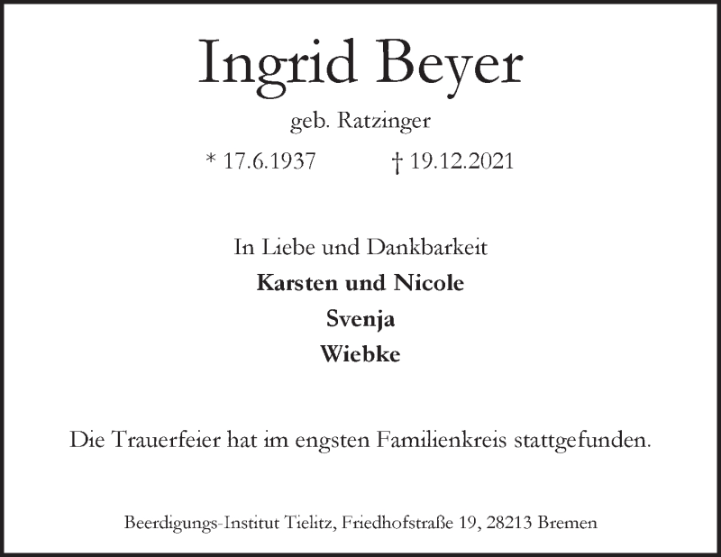 Traueranzeige von Ingrid Beyer von WESER-KURIER