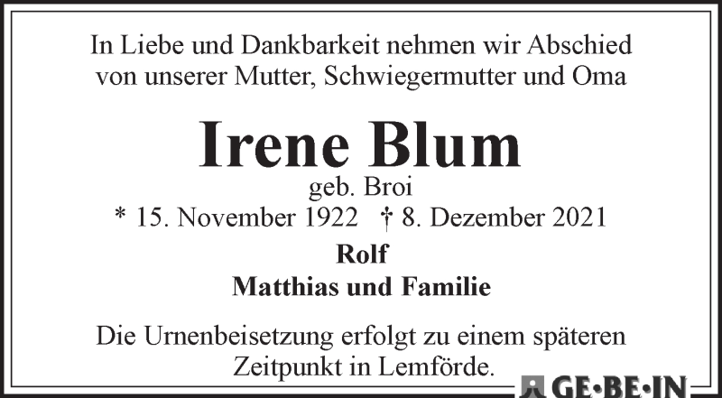 Traueranzeige von Irene Blum von WESER-KURIER
