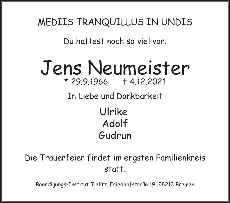 Traueranzeige von Jens Neumeister von WESER-KURIER